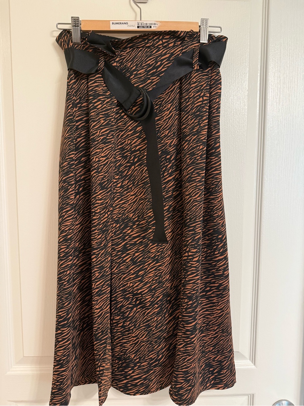 Zara Womens Black & Brown Printed Midi Skirt with Waist Tie